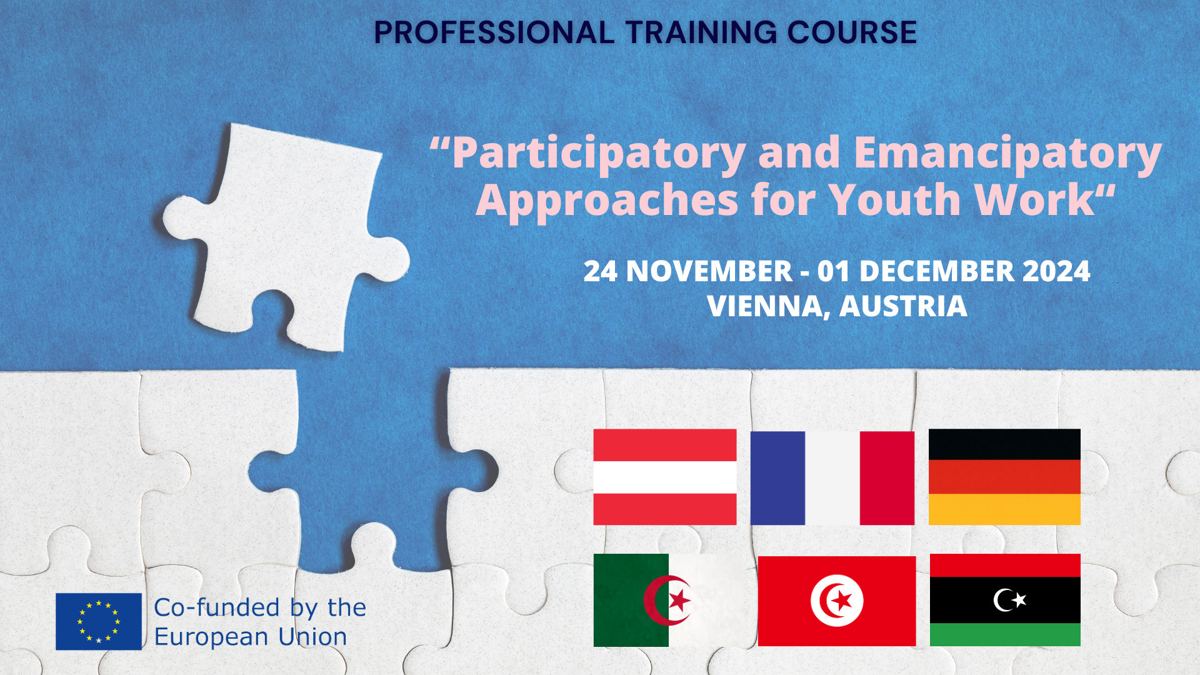 Cover of the Participatory and Emancipatory Approaches training course, 24 November–1 December 2024, Vienna